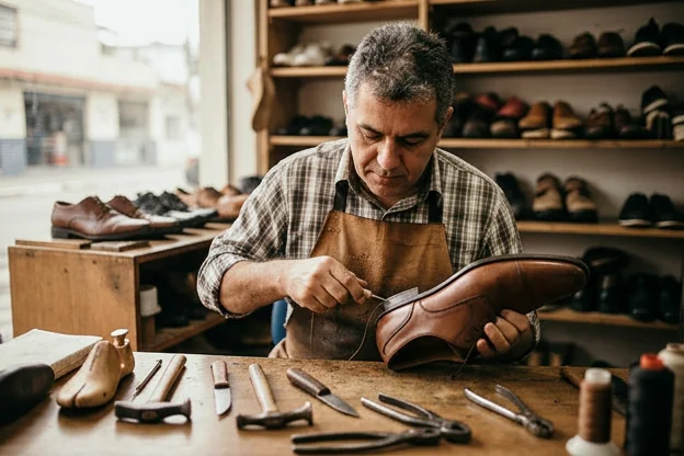 Profissional de sapatos em Itanhaém reformando um sapato social detalhadamente.