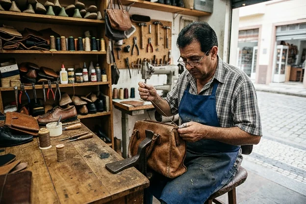 Técnico reformando bolsa de couro em Itanhaém, focando na qualidade.