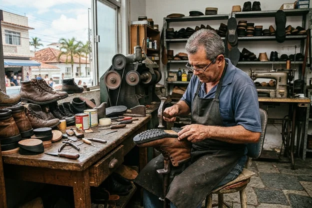 Sapateiro em Itanhaém cuidadosamente trocando o solado de um sapato.
