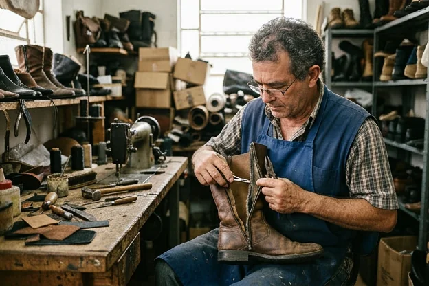 Profissional de Itanhaém avaliando uma bota com zíper quebrado.