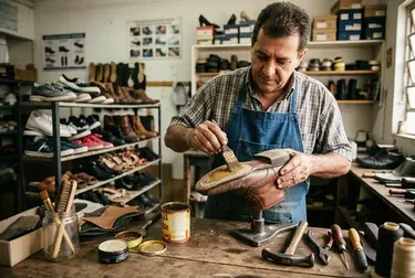 Profissional colando sola de sapato descolada em Itanhaém com precisão.