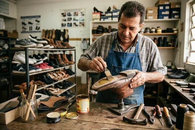 Profissional colando sola de sapato descolada em Itanhaém com precisão.