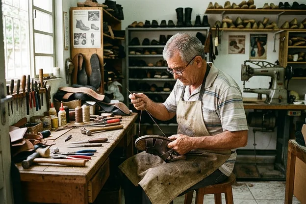 Especialista ajustando sandália em Itanhaém com ferramentas adequadas.
