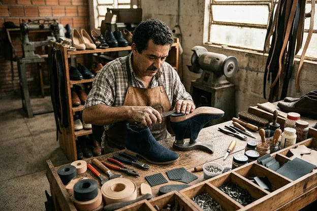 Técnico ajustando o salto de um sapato na cidade de Itanhaém.