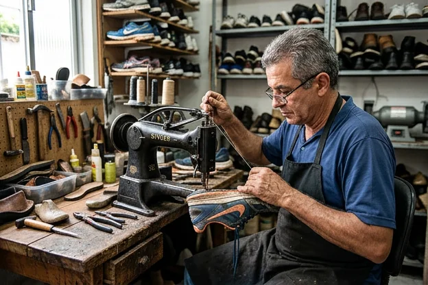 Profissional de sapatos em Itanhaém fazendo reparos em um tênis.